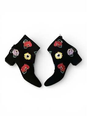 Betsey Johnson Twiggy Embroidered Floral Black Faux Suede Ankle Booties
